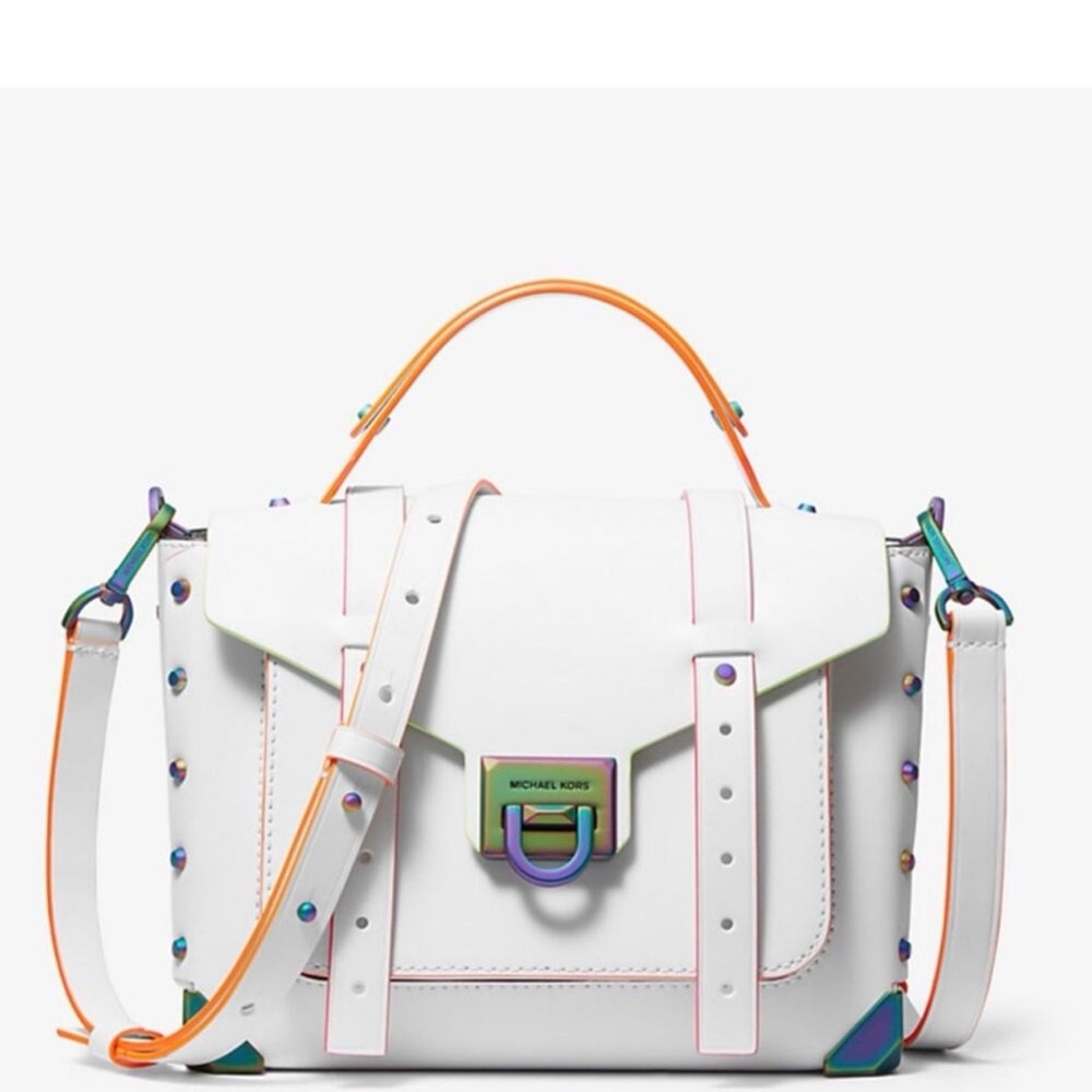 Michael Kors Manhattan Medium Satchel White Neon Trim Leather Crossbody